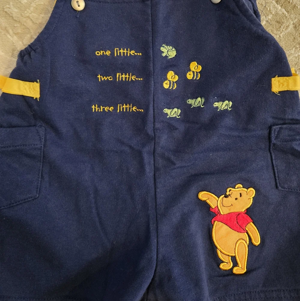 Vintage Y2k 3 Little Fish Disney Blue Winnie the Pooh Overalls And Shirt 2pc Set